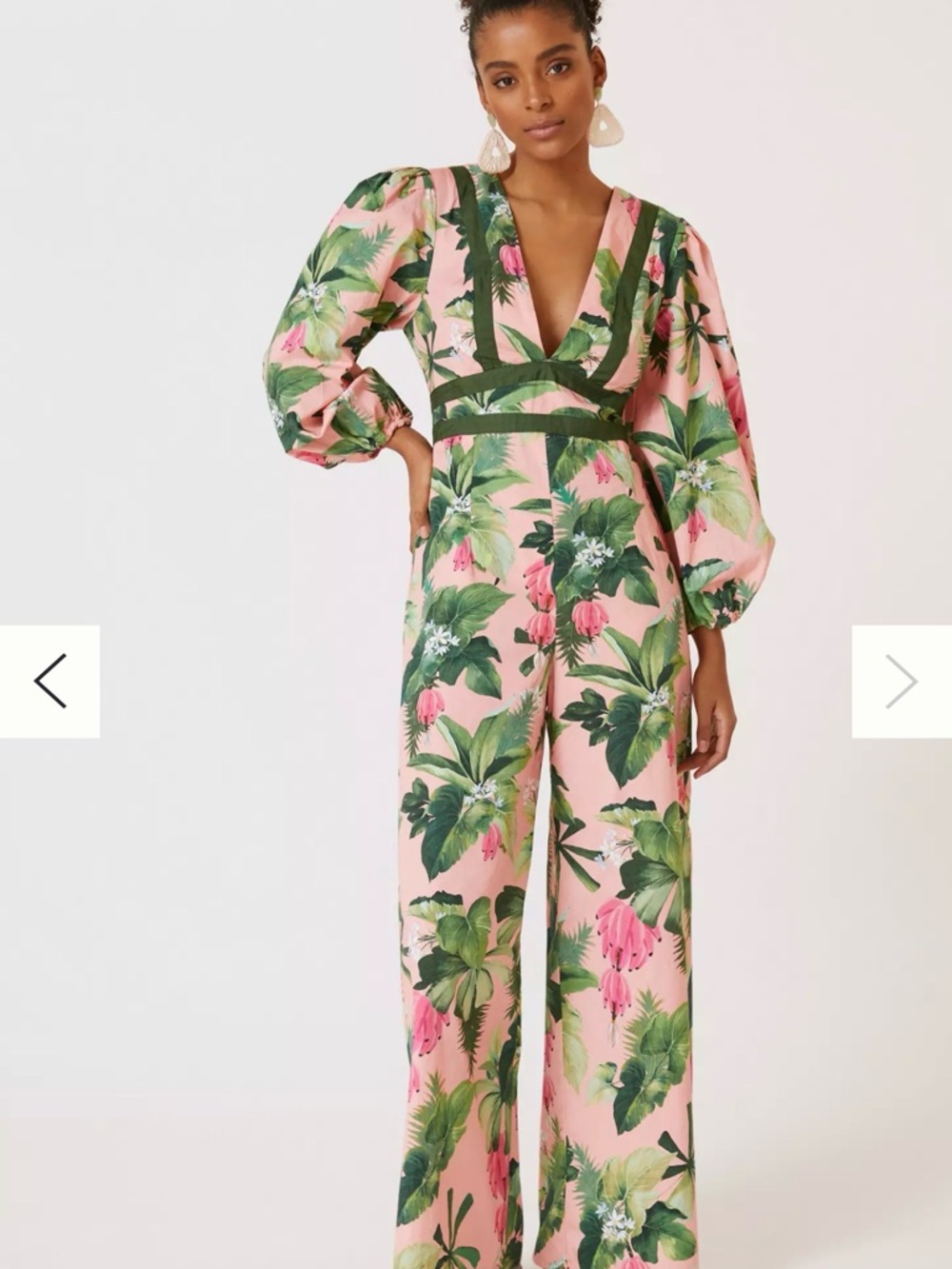 SOLD Farm Rio Pink Tropical Print Long-Sleeve Jumpsuit with Green Trim